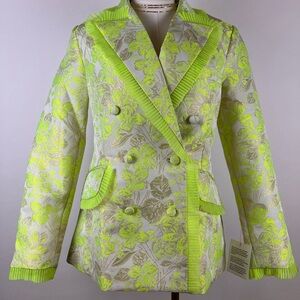 ASOS DESIGN NIPPED WAIST JACQUARD BLAZER WITH RUFFLE DETAIL IN LIME-GREEN